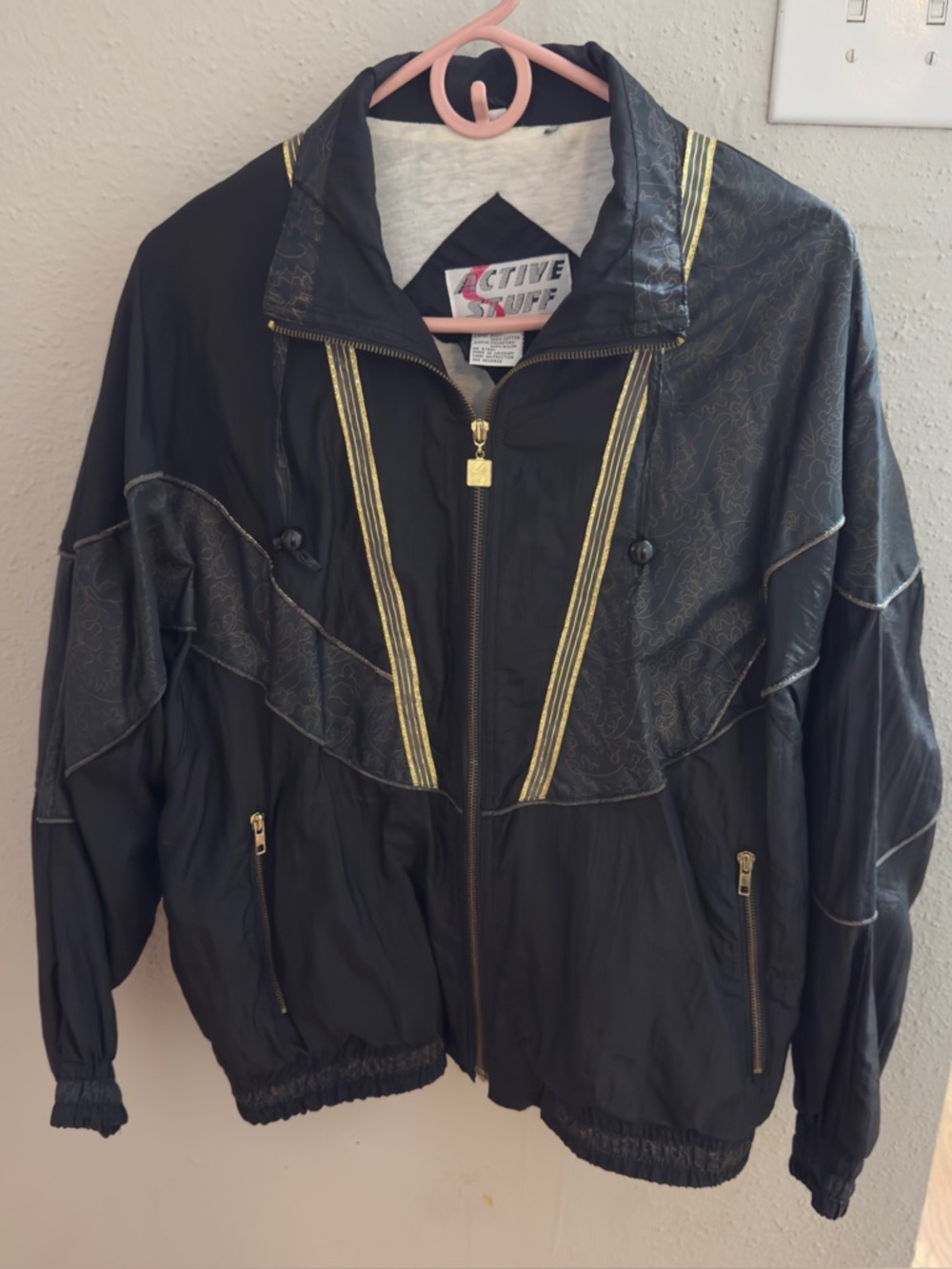 Vtg Active Stuff Tracksuit Set Large Black Gold Paisley Windbreaker Joggers